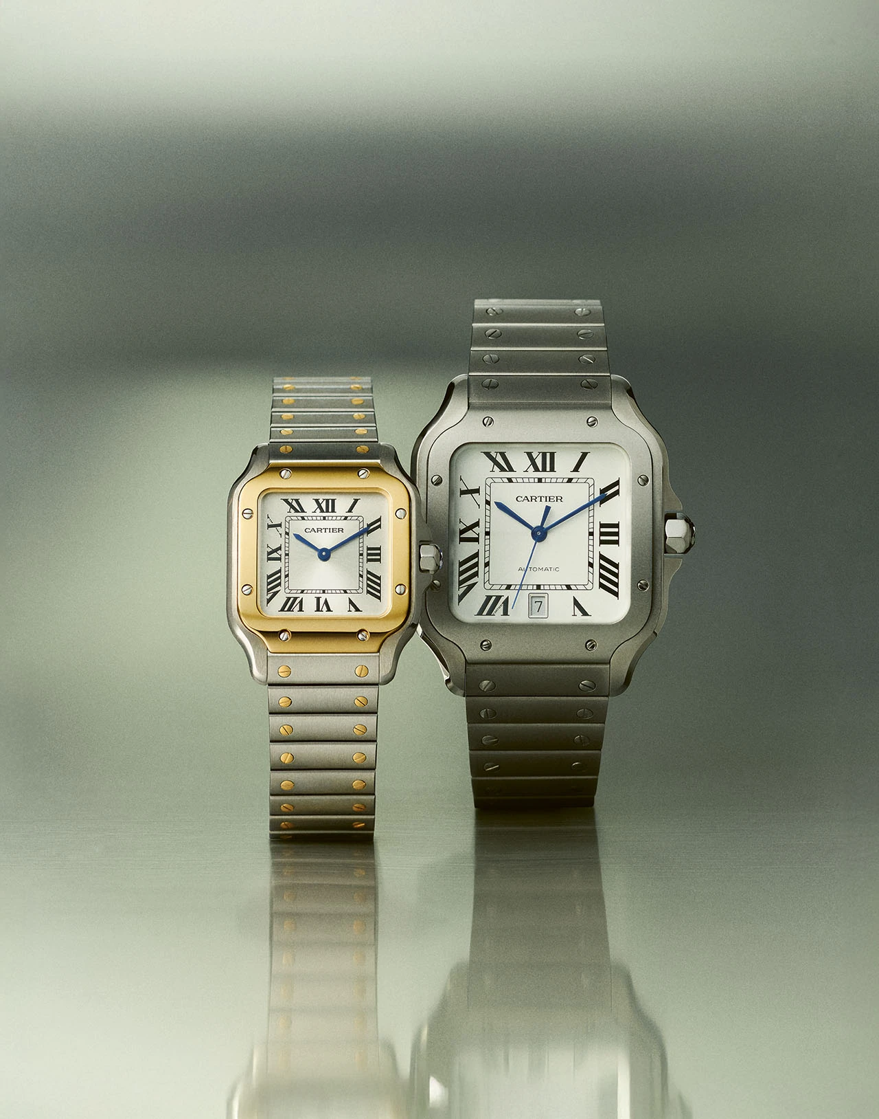 Santos de Cartier watch small model, yellow gold and large model, titanium