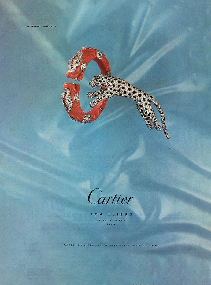 Cartier Paris advertisement presenting a panther brooch and a chimera bracelet, 1968