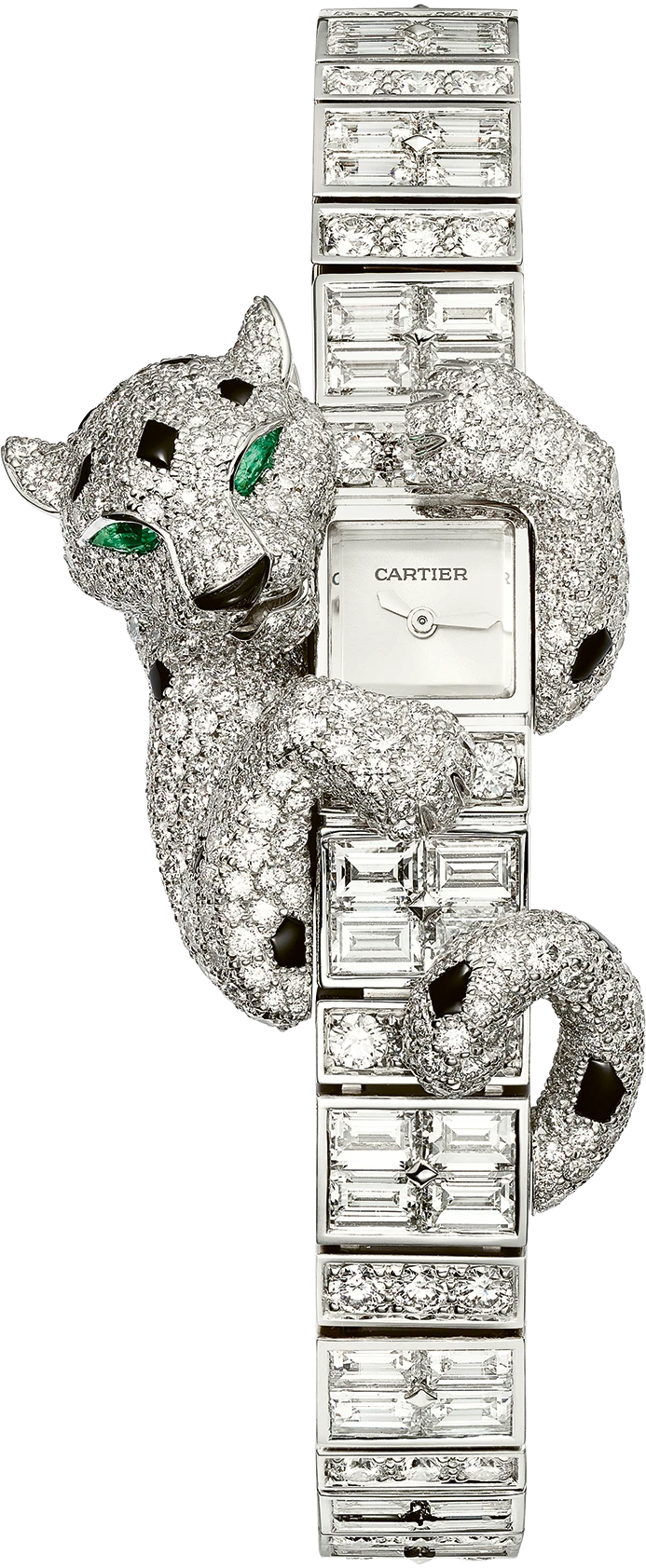 Panthère Entrelacée watch High Jewelry visible hour, mechanical movement with manual winding, caliber 101